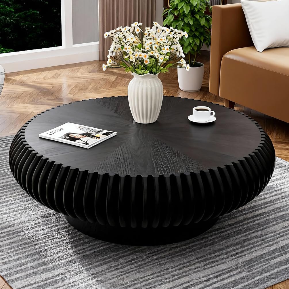 Modern Round Fluted Coffee Table for Living Room Handcraft Drum Coffee Table Circle Center Tables with Sturdy Pedestal