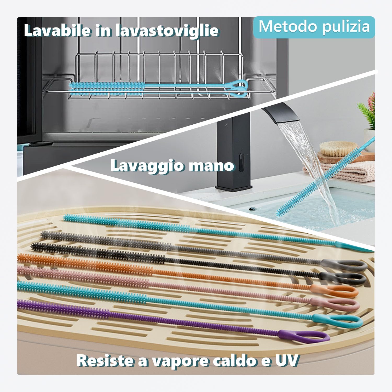 Spazzola Cannucce Silicone, 2Pezzi Scovolino per Cannucce Riutilizzabile per Vetro Metallo Frullati Cannucce e Tazze Cannuccia, Impugnatura Antiscivolo Morbida e Pieghevole, 6mm+9mm, Blu