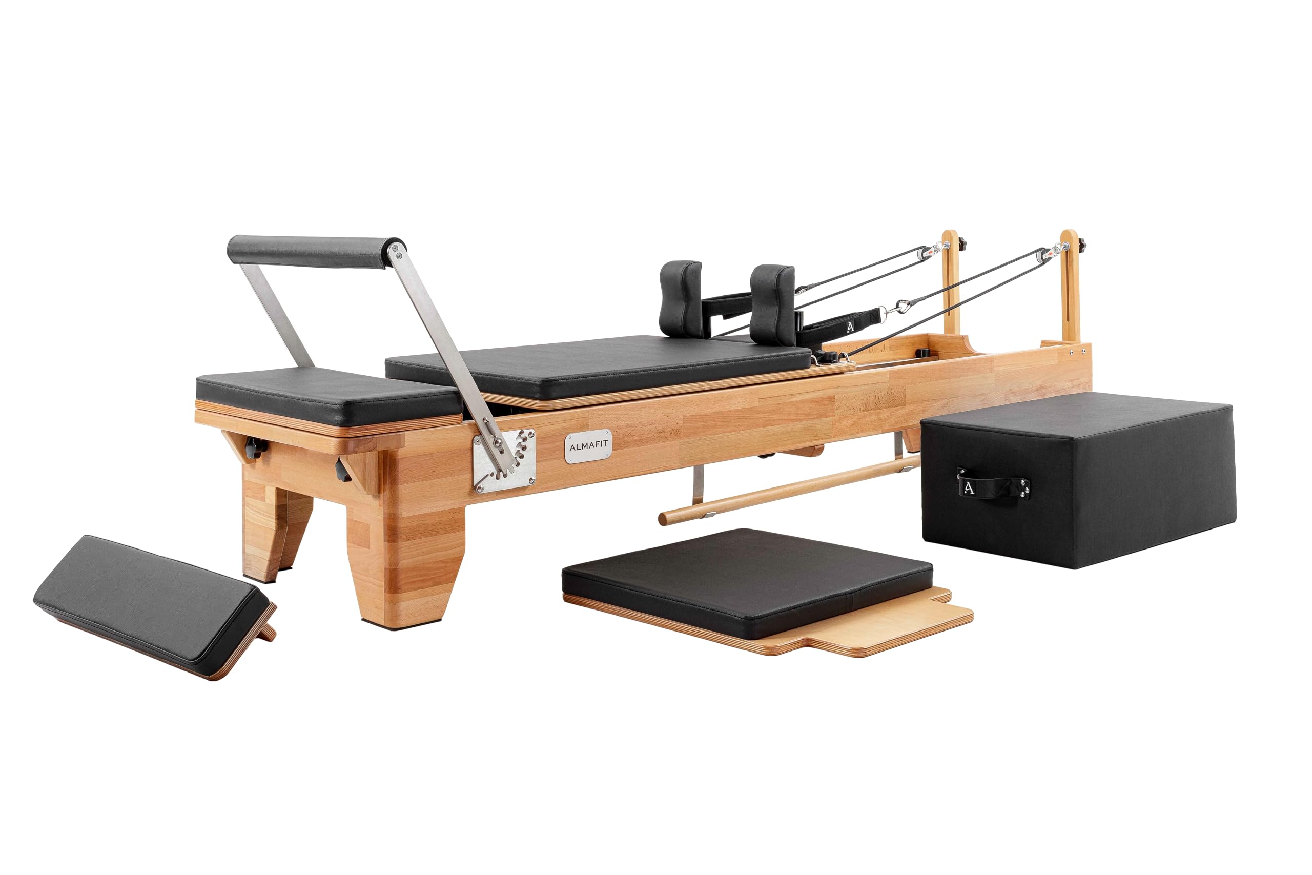 Pilates Reformer with Sitting Box & Padded jumpboard, Perfect for Home or Studio. Features Durable Black PVC Leather, Ultrafine Finish, & Adjustable Resistance, Allowing a Customized Workout