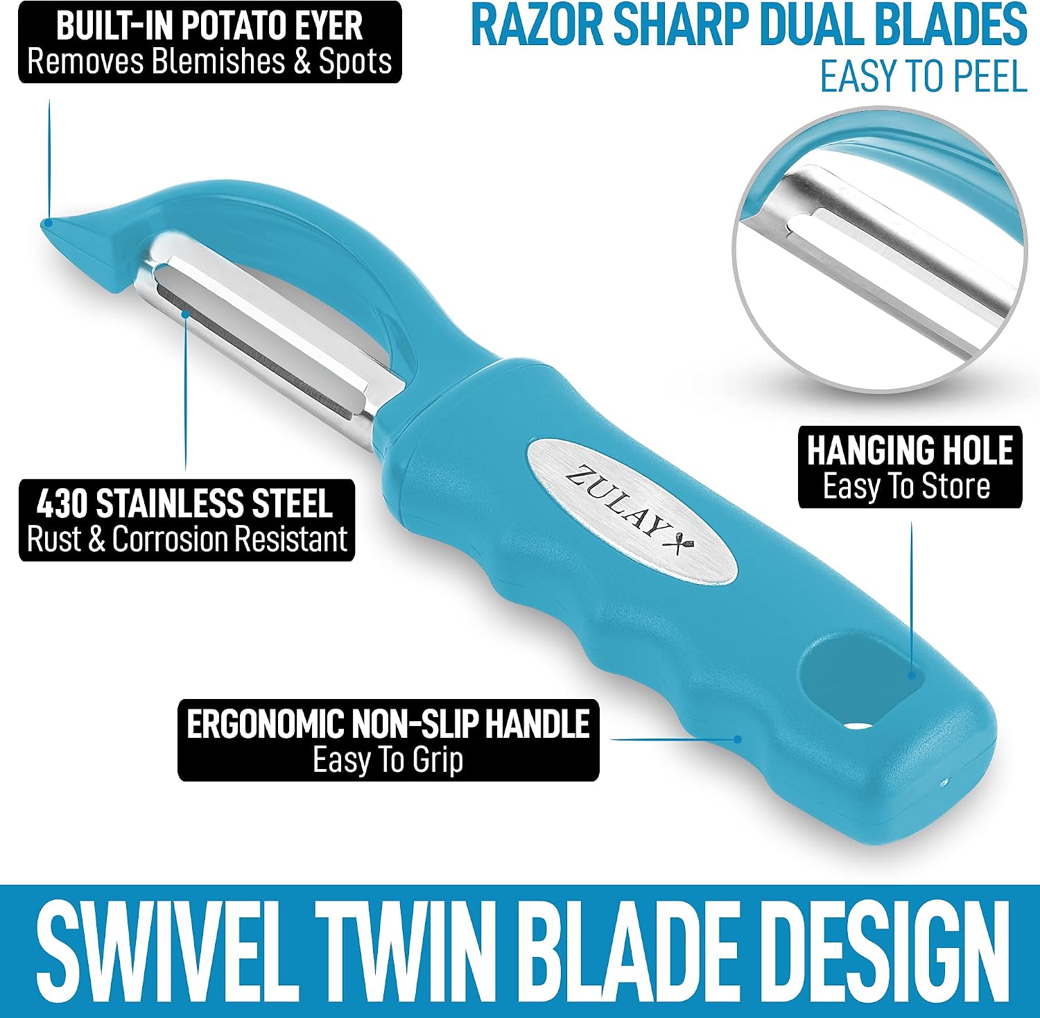 Zulay Kitchen Professional Vegetable Peeler With Built In Blemish Remover - Durable Stainless Steel Blade Potato Peelers For Kitchen - Veggie Peeler With Swivel Design - Blue