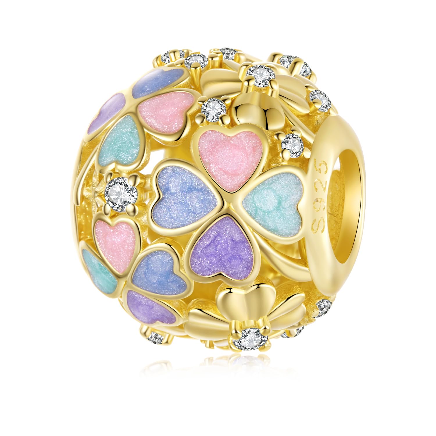 925 Sterling Silver Four-Leaf Clover Charm for Pandora Bracelets, Gold Plated Heart Clover Bead with Colorful Enamel,Birthday Gift for Women