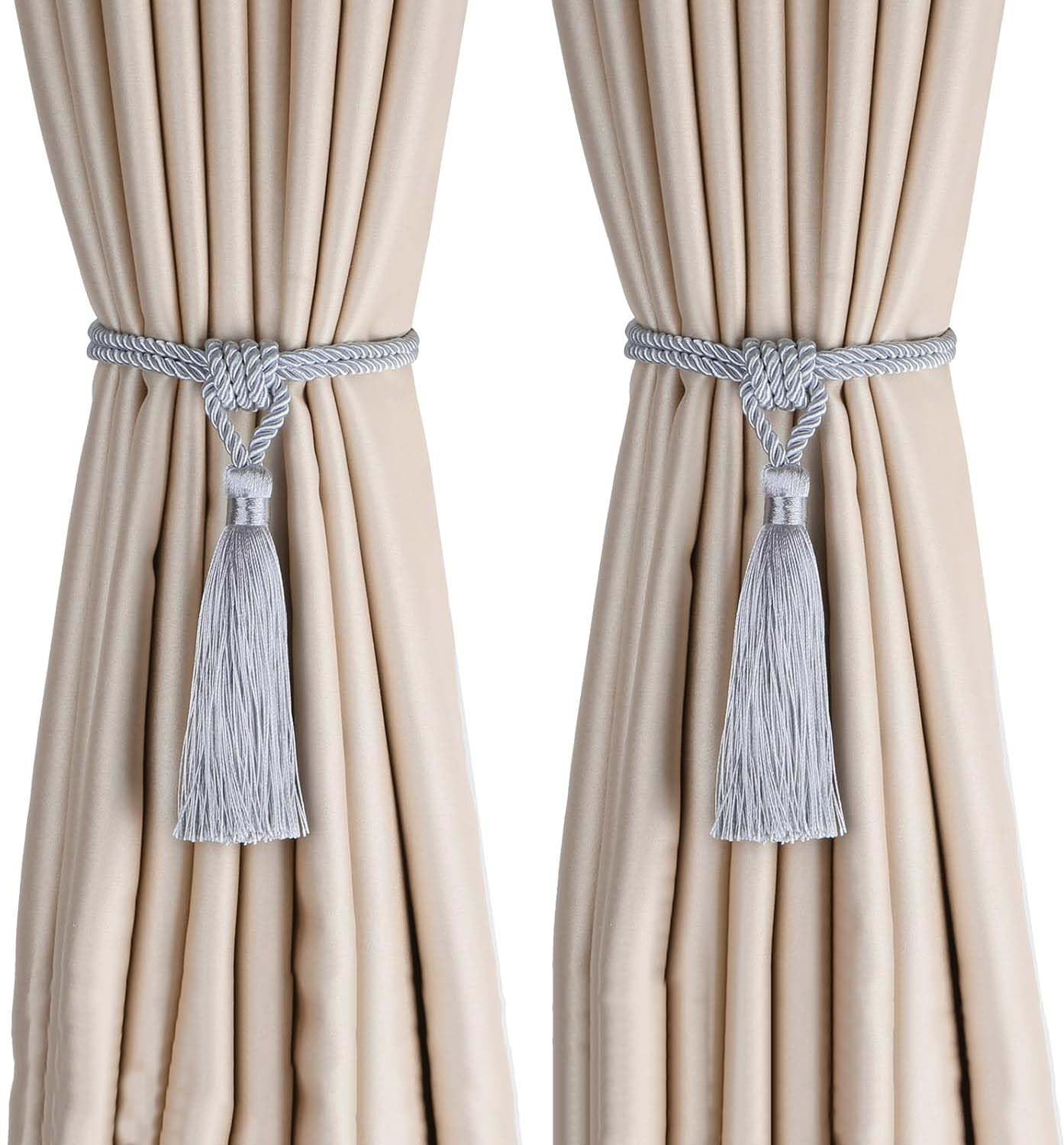 BEL AVENIR Curtain Tiebacks Tassel Tie-Backs, Rope Curtain tie Backs Handmade Curtain Holdbacks Made from Polyester(Silver, 2p)