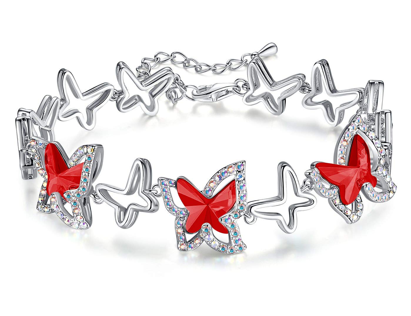 Butterfly Link Charm Bracelet, Birthstone Crystal, for Women, Silver Tone Jewelry, Anniversary Birthday Gift for Her, Wife &amp; Mom, 7"+2" Chain
