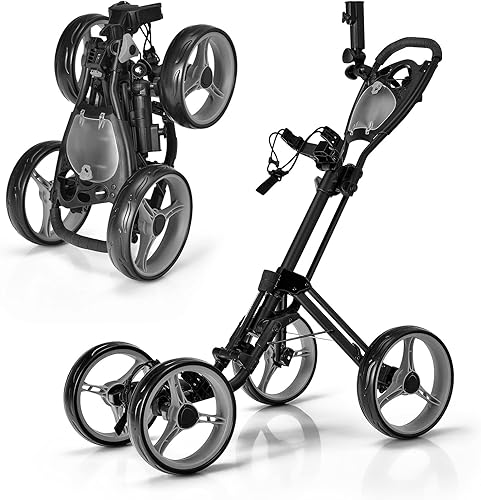 GYMAX Carrito de golf plegable, carrito de golf ajustable de 4 ruedas con soporte de paraguas flexible, soporte de taza y freno de pie, carrito de
