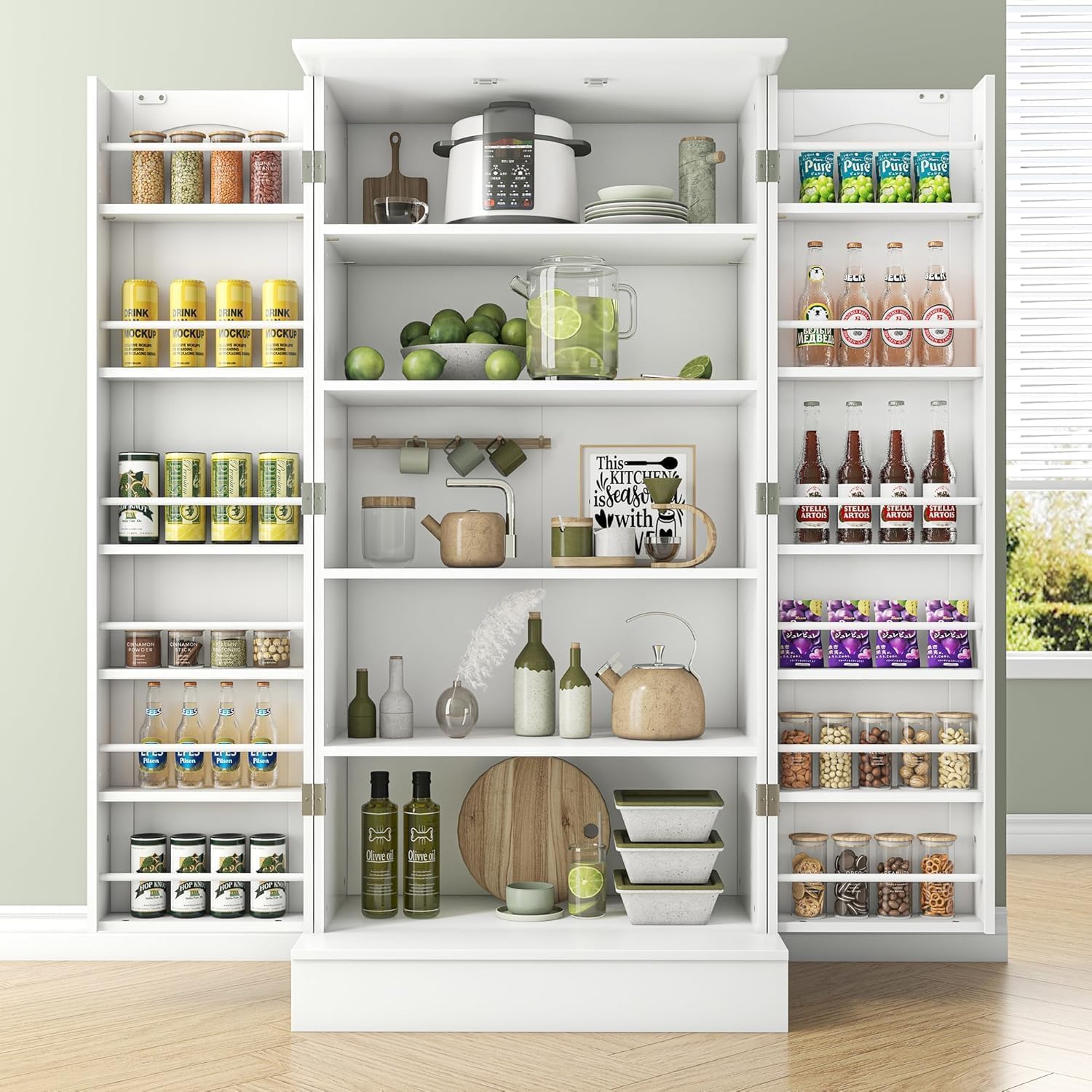 Feonase Kitchen Cupboard, 47โ Pantry Organiser and Storage, Freestanding Pantry Cabinet with Doors and Adjustable Shelves, 60cmX40cmX120cm Ideal for Kitchen, Living Room and Dining Room