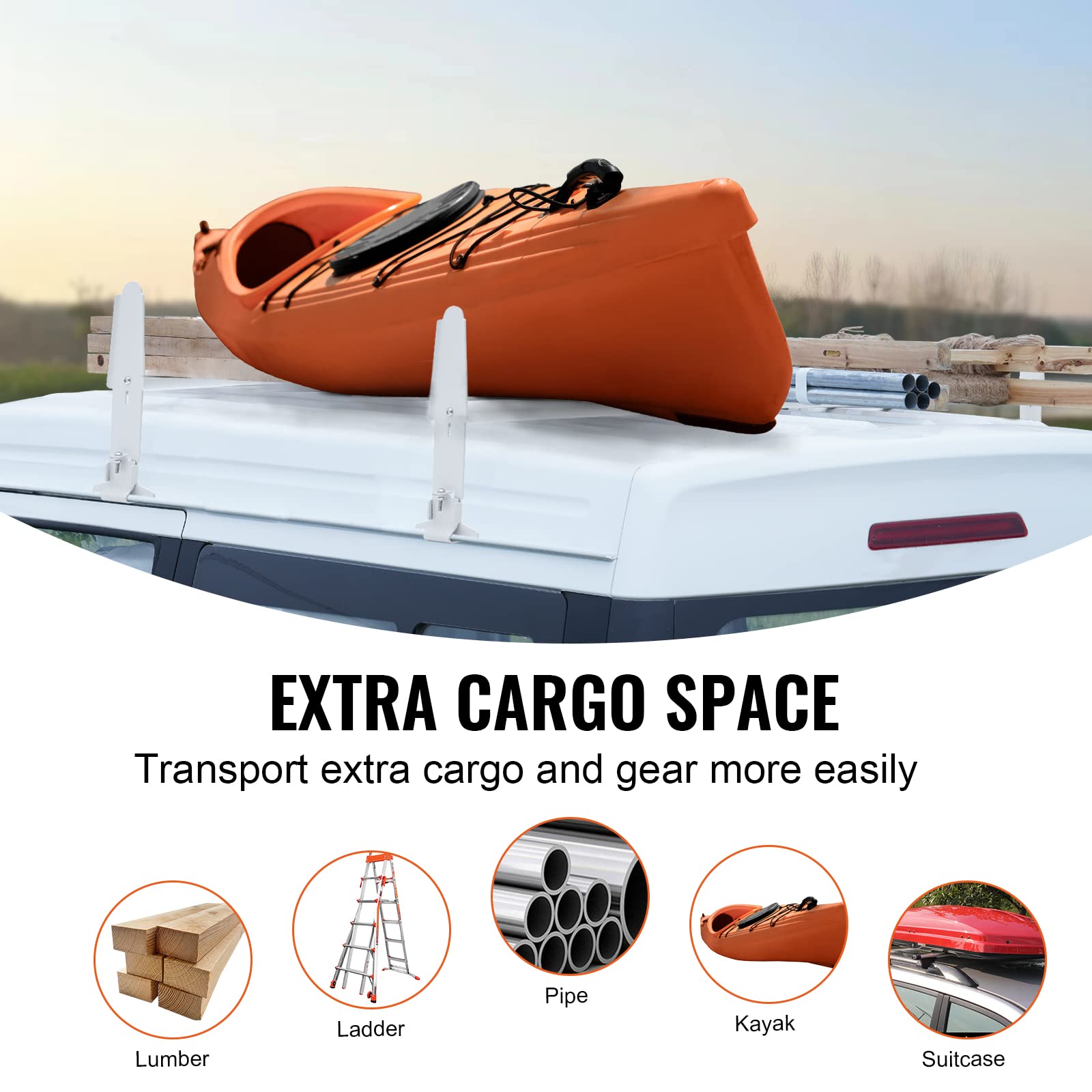 VEVOR Portaequipajes de Techo para Furgoneta 2 Barras Portaequipajes de Acero de Aleación 227 kg Ajustable 120-200 cm para Furgonetas de Tamaño Completo con Canalón Compatible con Chevrolet Express