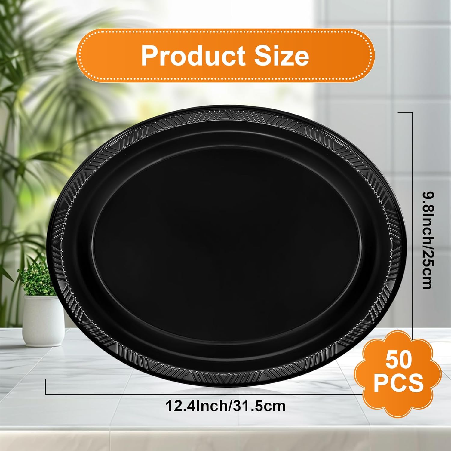 50 PCS Disposable Black Plates, 9.8" x 12.4" Oval Black Plastic Plates, Heavy Duty Plate Bulk, Large Oval Plastic Plate for Party Dinner Birthday Picnic - Image 2
