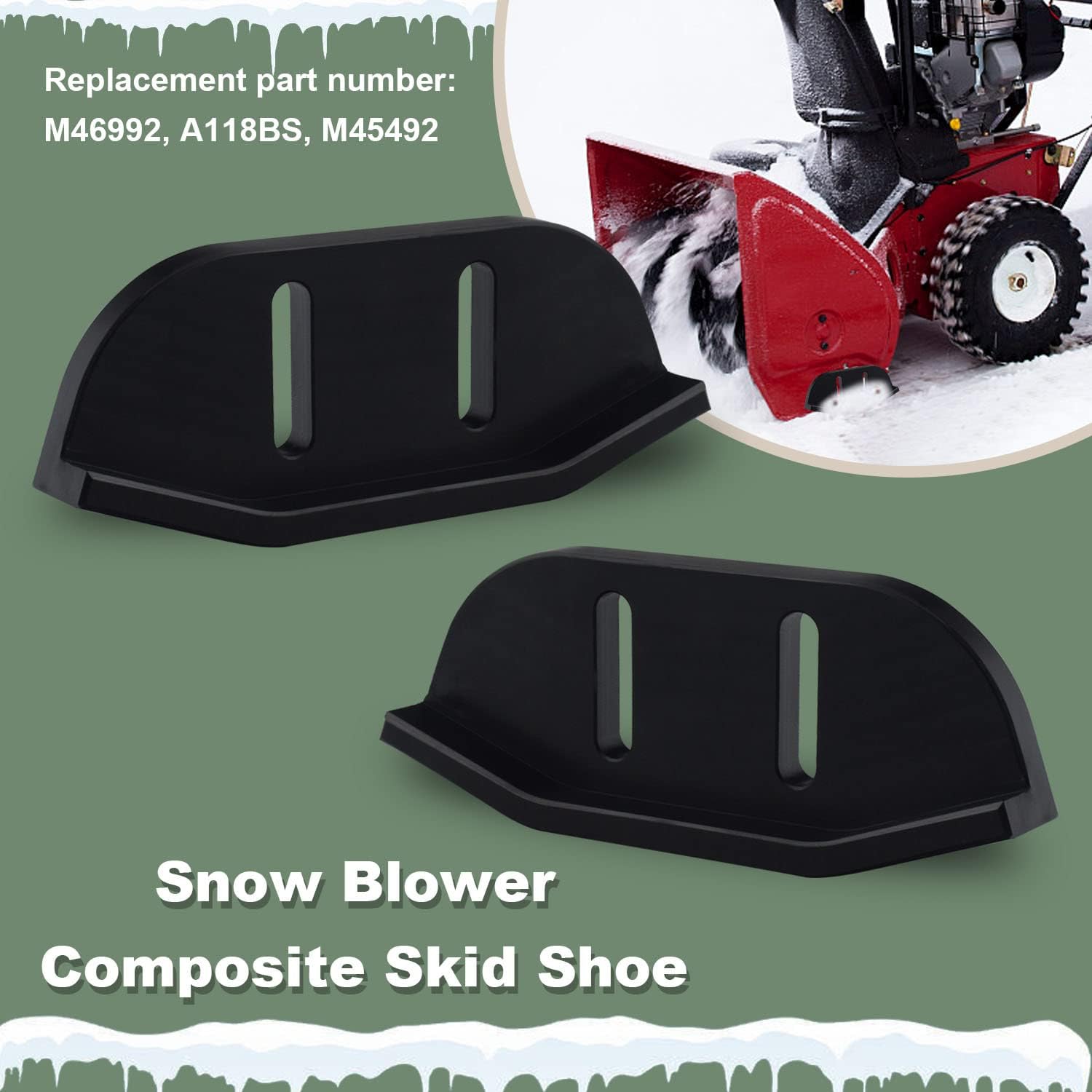 2 Pack M46992 Snowblower Composite Skid Shoe - Compatible with Jo-hn Deere M46992, M45492, A118BS, 526, 726, 732, 826, 832 and 1032 Snow Blowers