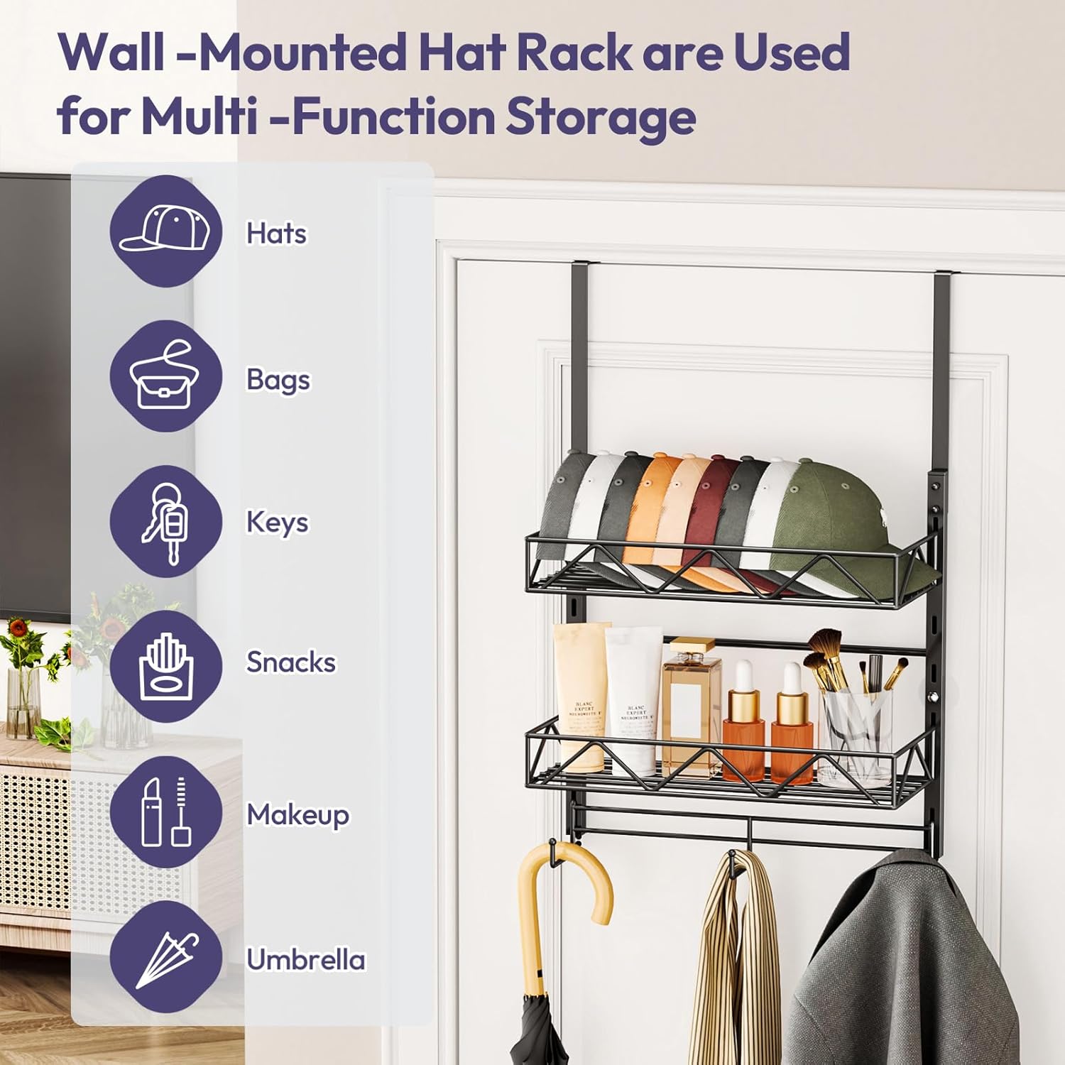 SWTYMIKI Over Door Hat Organizer - 3 Tier Wall Mounted Hat Rack with 2 Adjustable Metal Basket and 3 Hooks, Hanging Baseball Cap Organizer Storage Holds up to 29 Caps for Door, Bedroom, Closet