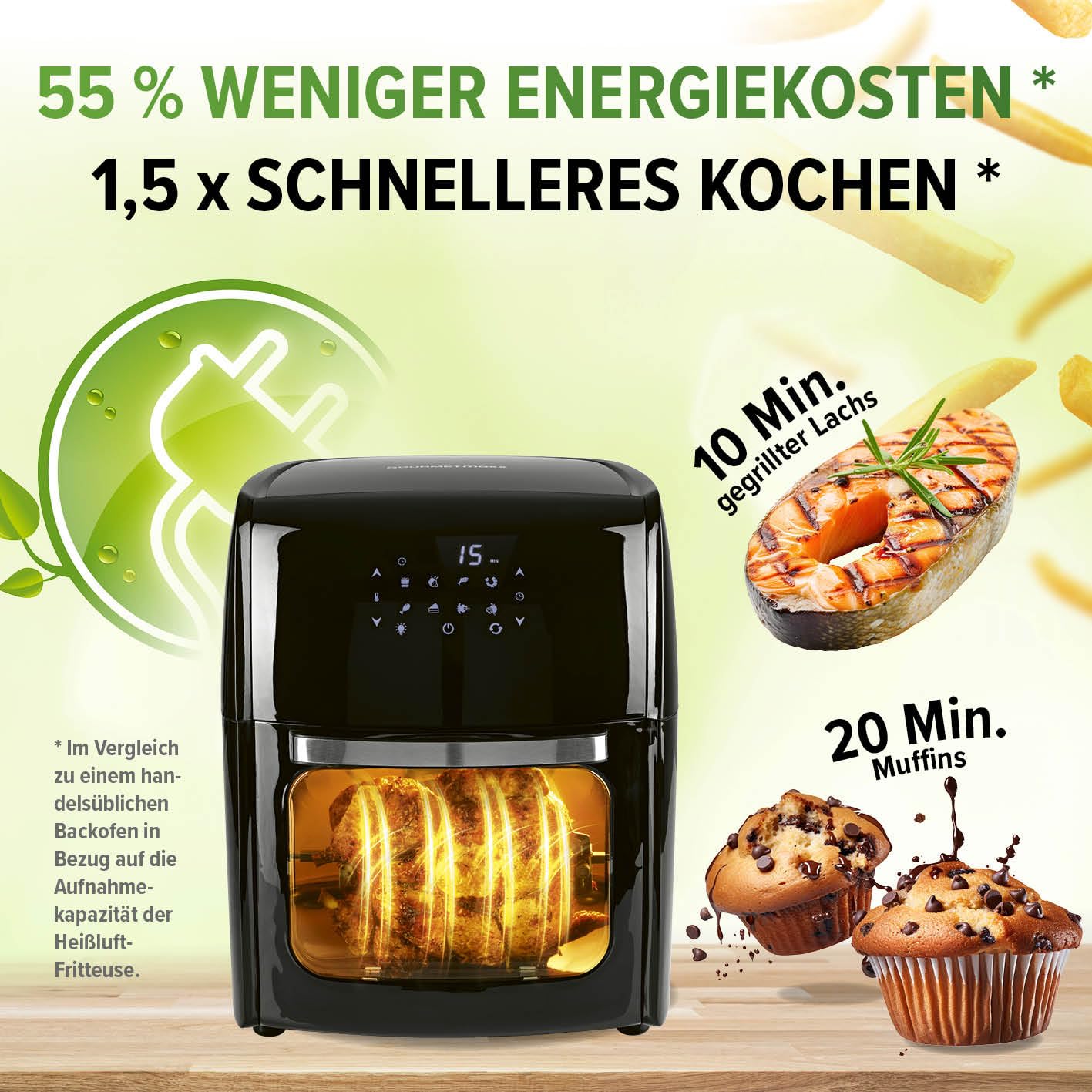 GOURMETmaxx Digitale Heißluftfritteuse 12L XXL-Ofen | Airfryer mit Timerfunktion, Touchdisplay, Drehspieß & Backgitter | fettarm, energiesparend frittieren | 8 Programme, 1800 W