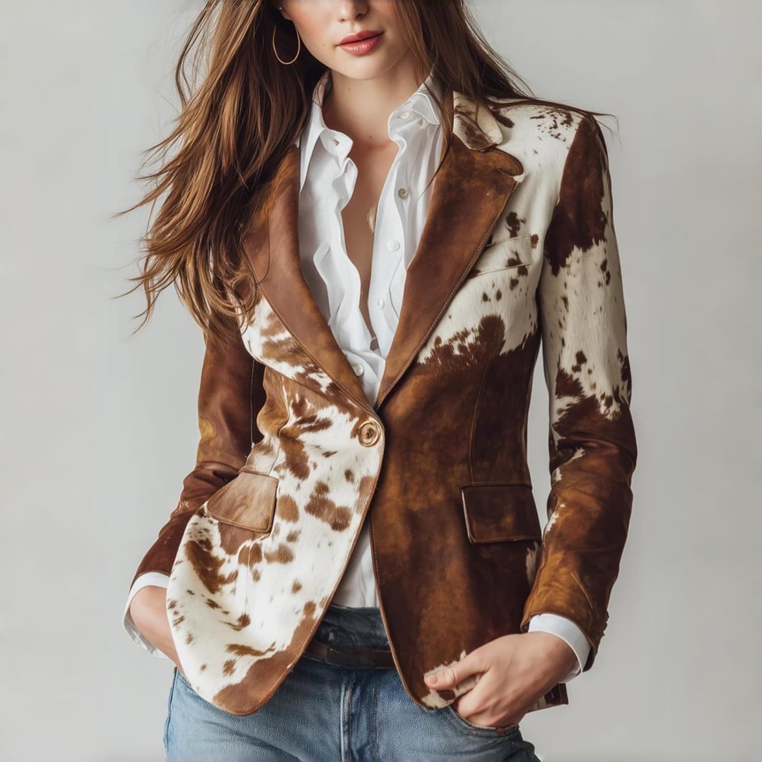 Women's Lapel Printed Long-Sleeved Jacket, Short Faux-Leather Y2k 90s Single-Breasted Retro Chic Small Suit Jacket