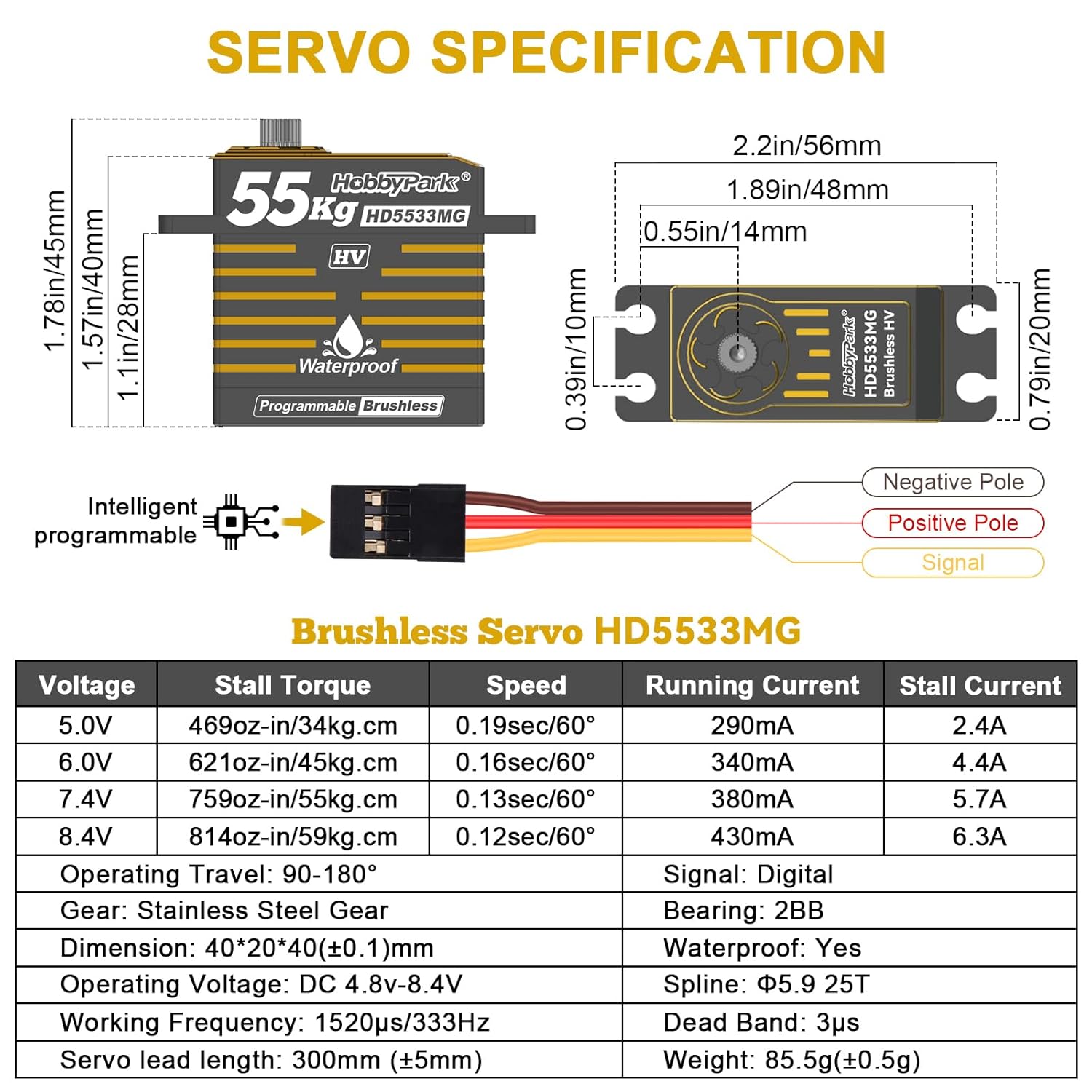 HobbyPark Waterproof 55KG High Torque Servo Motor Brushless Metal Gear Digital Servo Programmable 8.4V HV Servo for 1/8 1/10 1/12 RC Crawler RC Truck RC Car Buggy Robot DIY Control Angle 180°
