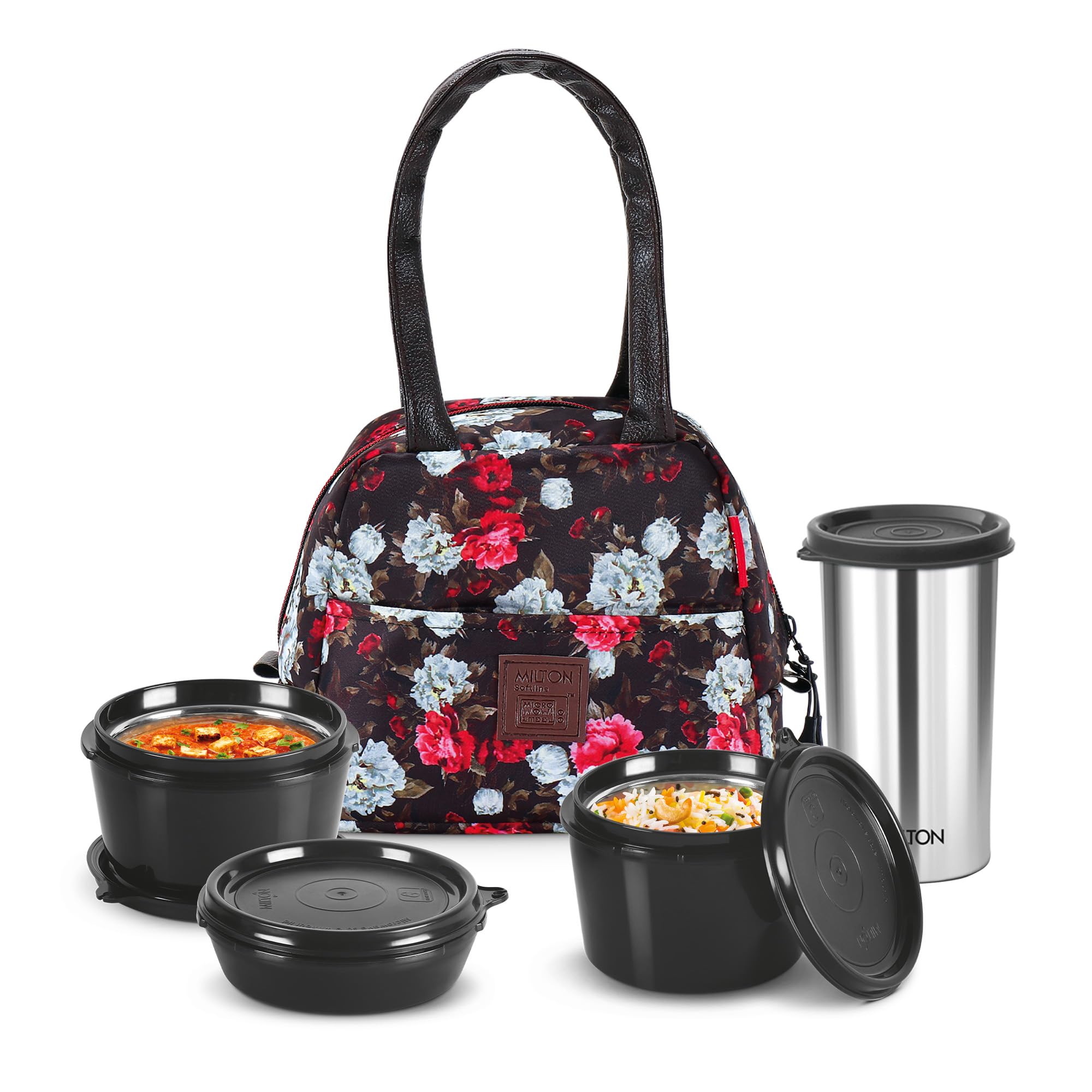Milton Floret Lunch Box with Insulated Fabric Jacket, 3 Microware Safe Inner Stainless Steel Containers 180ml, 320ml, 320ml &Tumbler with lid 415ml, Leakproof Tiffin for Office, College, Picnic, Black