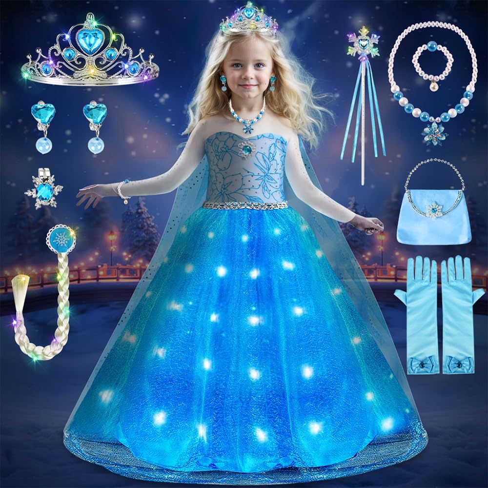 Sponsored Ad – Princess Costumes for Girls, LED Princess Dress Up with Luminous Crown Necklace Sets, Princesses Cosplay, Kids Fancy Dress for Carnival Birthday Party
