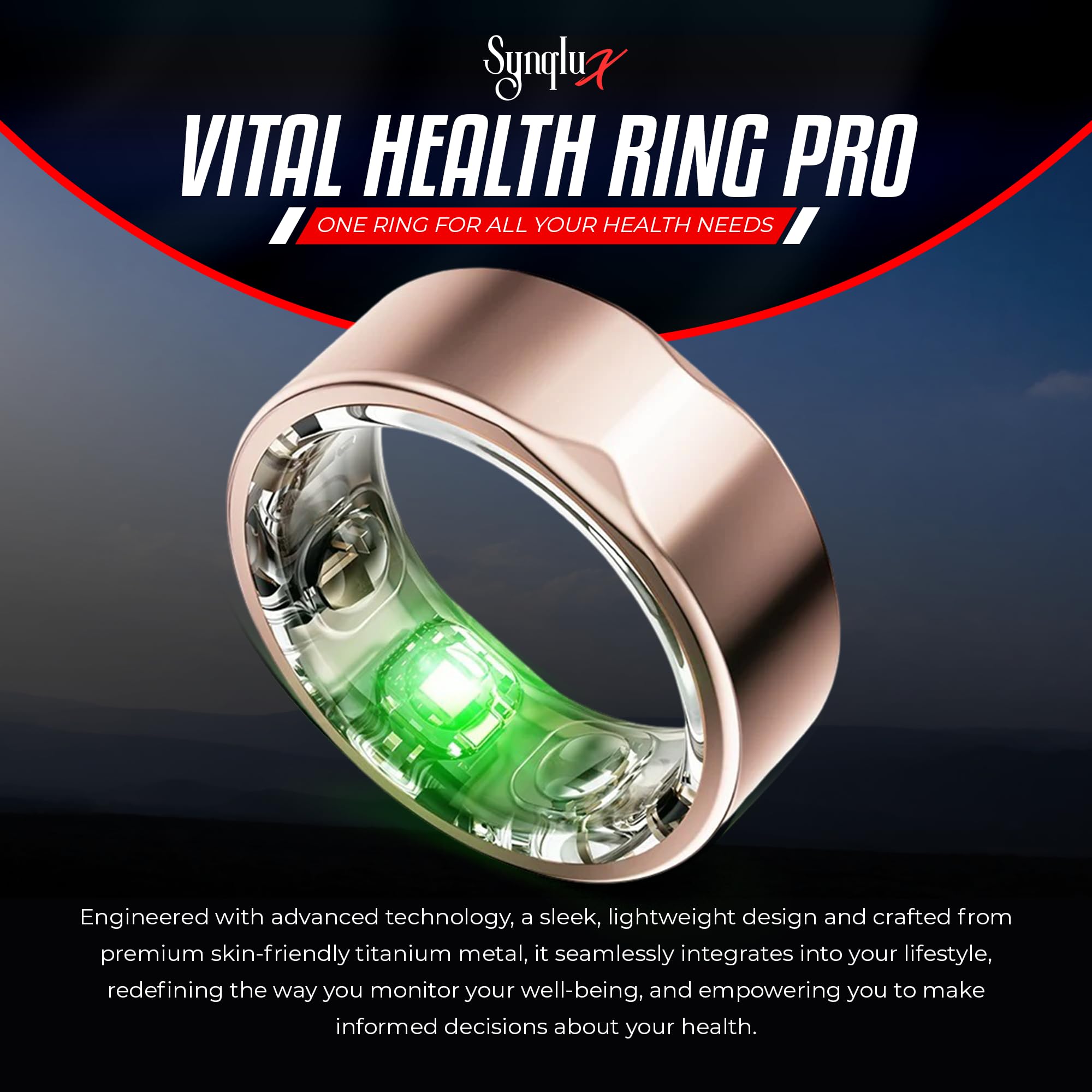 Anello intelligente in titanio (oro rosa misura 10) - Anello di monitoraggio fitness e sonno con cardiofrequenzimetro, activity tracker, batteria 10 giorni, senza abbonamento, unisex