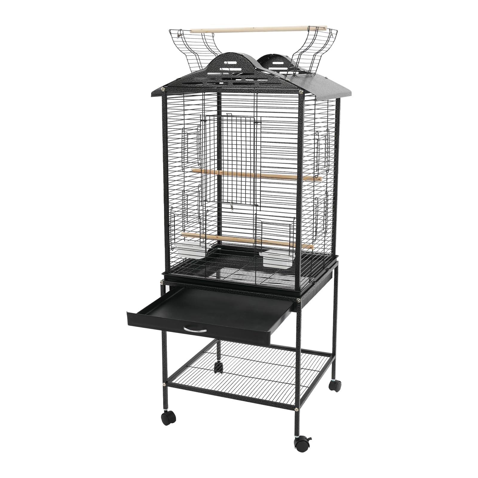 Jaula para pájaros con estante y ruedas de metal con 3 perchas, 2 cajas de alimentación y bandeja extraíble de 48 x 46 x 122 cm
