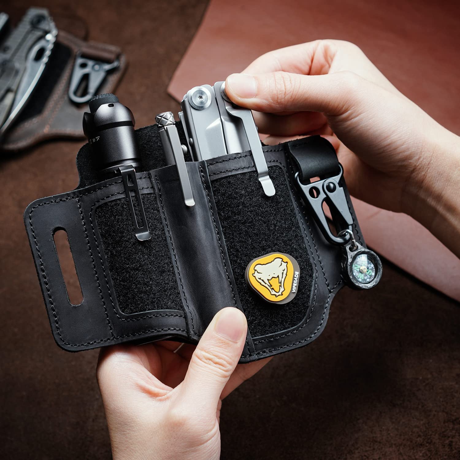 Pochwa wielofunkcyjna VIPERADE PL3, skórzana pochwa z łatką DIY, męski organizer kieszonkowy EDC, pochwa Leatherman, uchwyt na latarkę z uchwytem na długopis, organizer na pasek z uchwytem na klucze