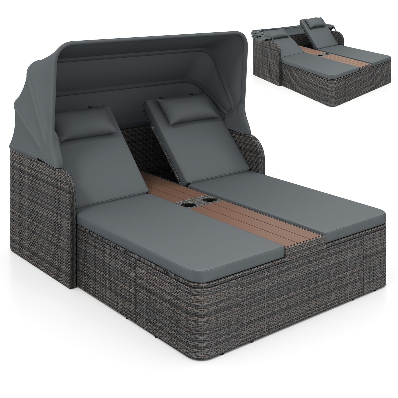 COSTWAY Tumbona Doble Jardin Exterior, Cama Balinesa de Ratán con Toldo Retráctil y Respaldos Ajustables, Tumbonas Piscina para 2 Personas con Mesa Central y Porta Vasos para Jardín Piscina (Gris)