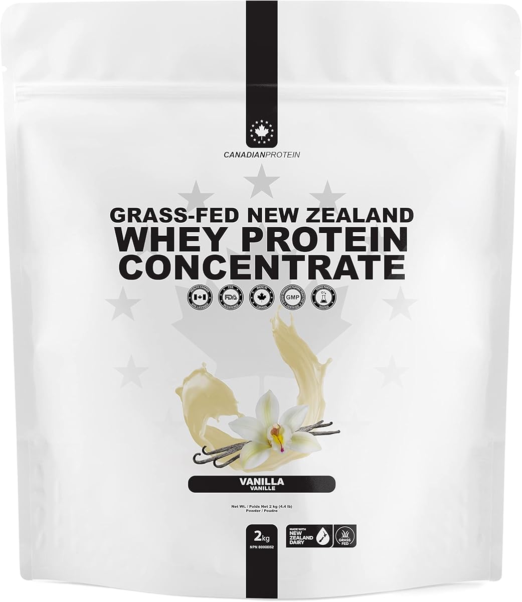 Canadian Protein Canadian Protein Grass-Fed New Zealand Whey Concentrate 24g of Protein | 2 kg of Vanilla Low Carb Keto Friendly Workout Recovery Drink | Undenatured Whey Protein Shake