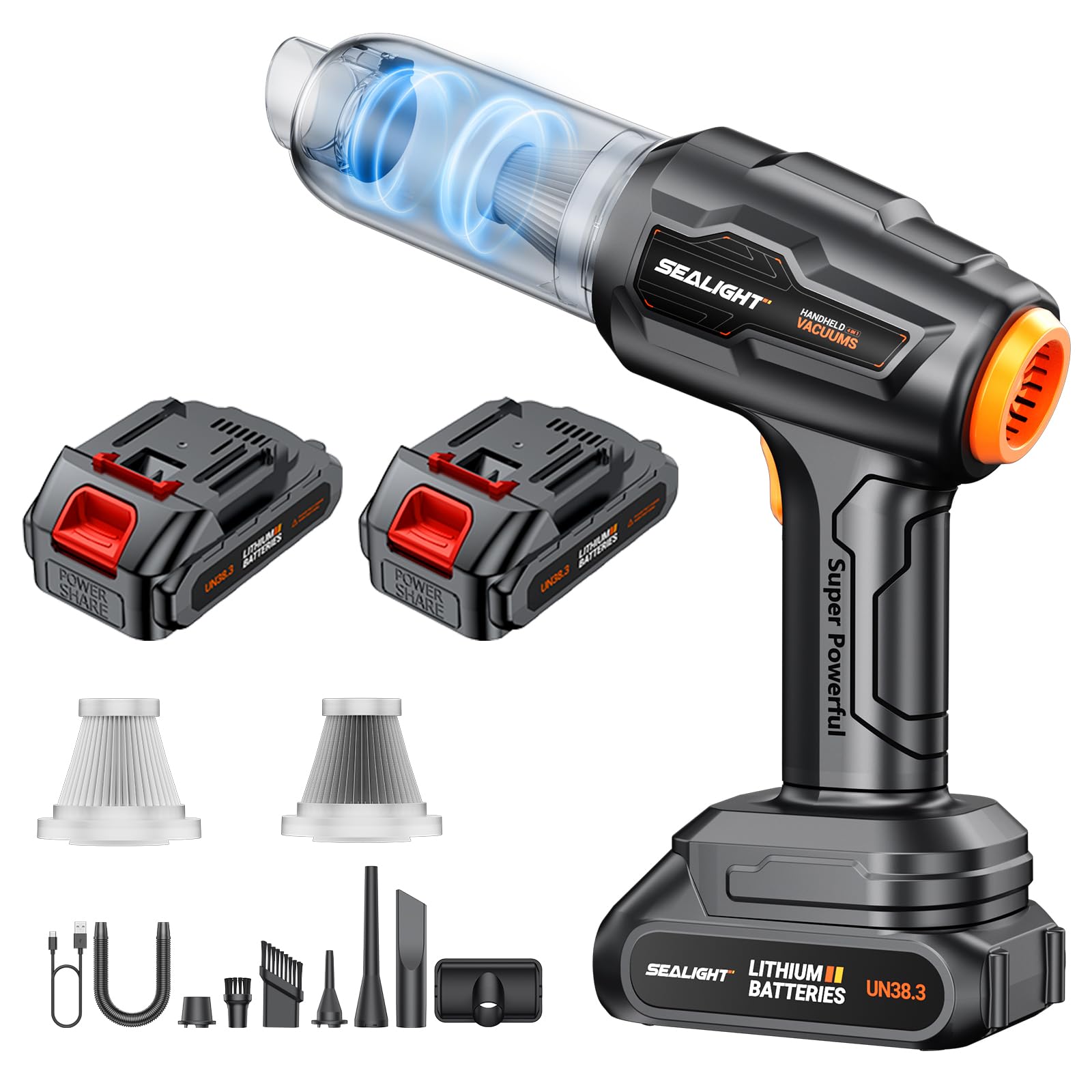 SEALIGHT Handstaubsauger Akku,50000PA Mini Kabellos Auto Staubsauger Stark | mit 2*4000mAh Wiederaufladbare Batterien, 60 Min Laufzeit, Auto Staubsauger Stark per Auto, Tierhaare