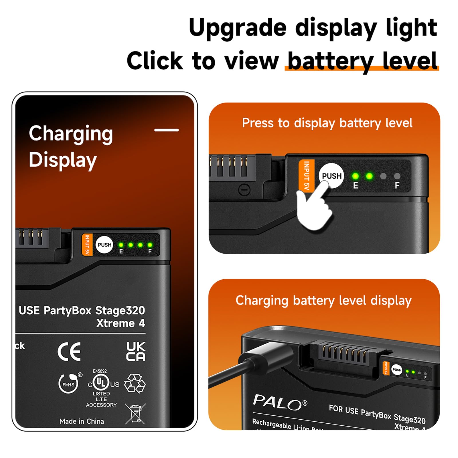 12000mAh Akku 400 für JBL Partybox Stage 320, JBL Xtreme 4-7,4V/Lithium Hochkapazitäts Batterie mit LED, Typ-C-Eingang