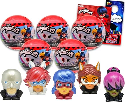 Miraculous Ladybug Blind Ball Party Favors - Bundle With 5 MashEms Mini Figures Mystery Toys Plus Stickers | Figurines for Kids, Boys, Girls