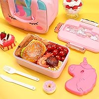 Vista 6 de Lonchera de unicornio para niñas, para guardería, preescolar, bolsa de almuerzo aislada con 4 compartimentos, caja Bento reutilizable, bolsa