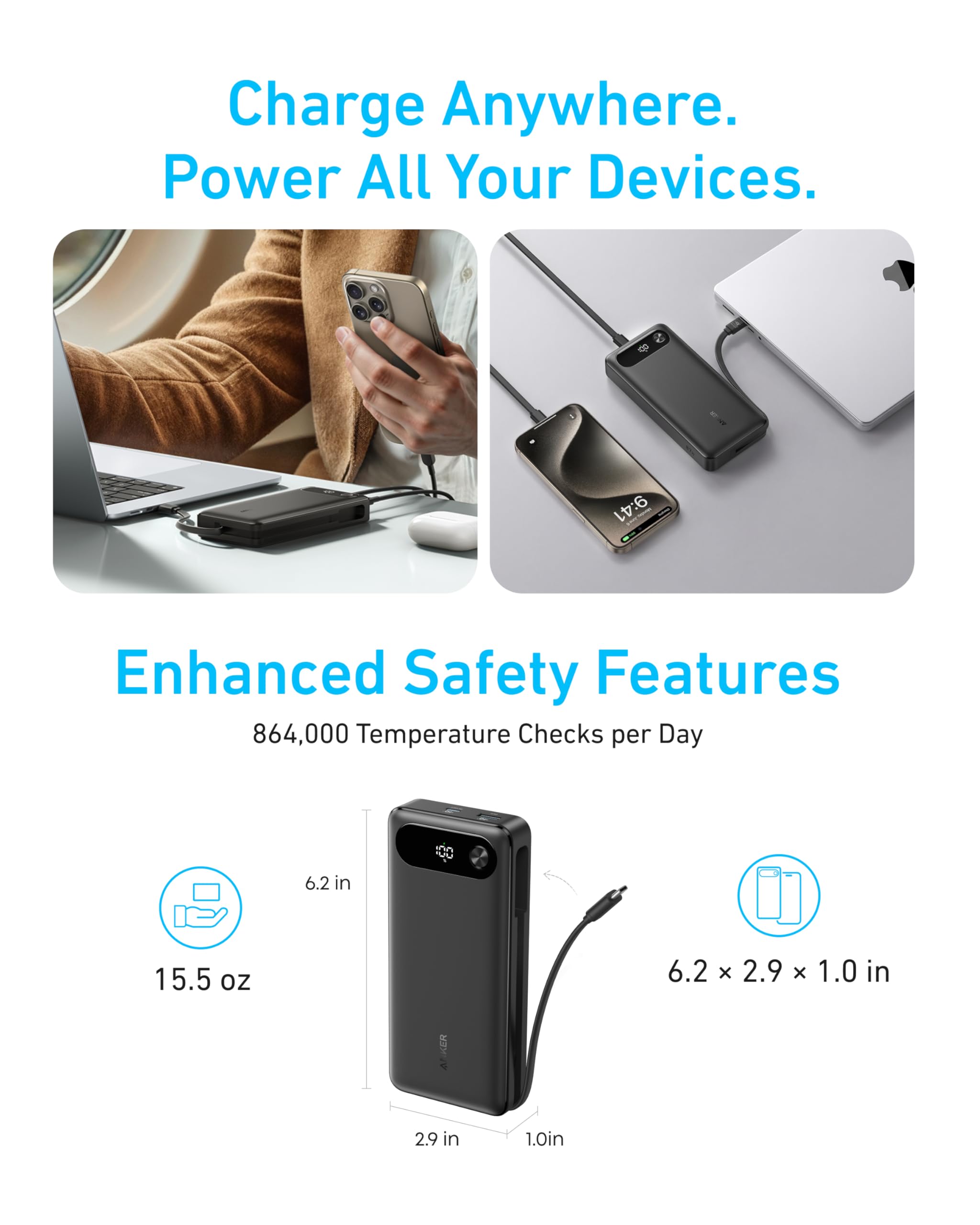 Anker Power Bank, Caricabatterie Portatile da 20.000 mAh, con Cavo USB C Integrato, Batteria a Ricarica Rapida 87 W, 2 USB-C e 1 USB-A, per MacBook, iPhone 17/16 Serie, Samsung, Switch, e Altro Ancora