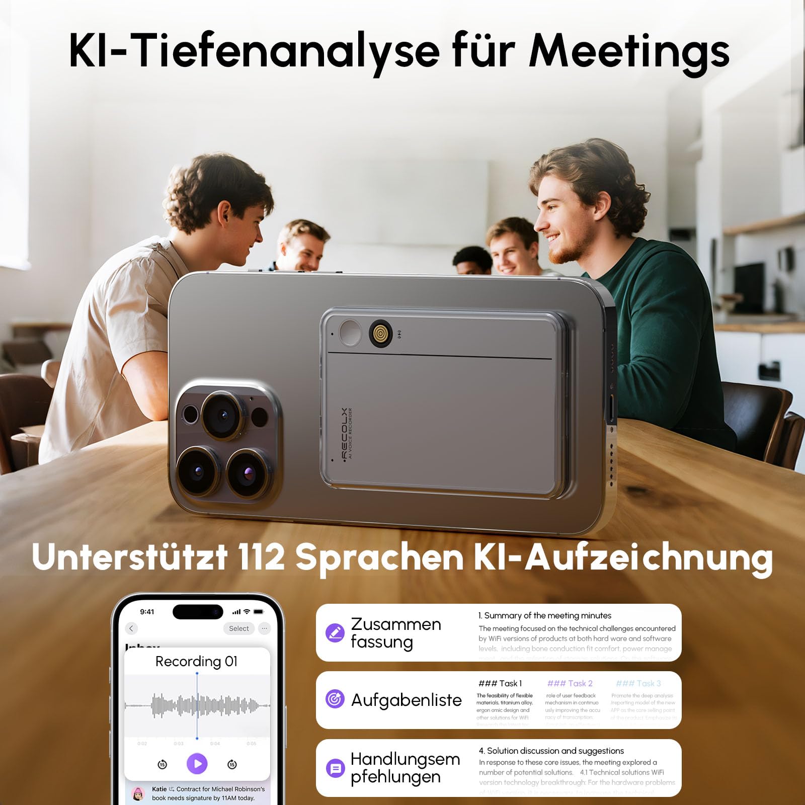 KI Diktiergerät mit Hülle – 64 GB, anskription & Zusammenfassung mit 71 Vorlagen, KI-Analyse, 112 Sprachen, für Meetings & Vorträge