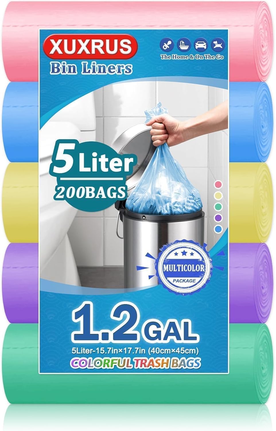 XUXRUS 5L Müllbeutel Kleine - 200 Stück Müllbeutel Recycling Mülltüten Bunt Müllsäcke für Büro, Bad, Küchen, Wohnzimmer