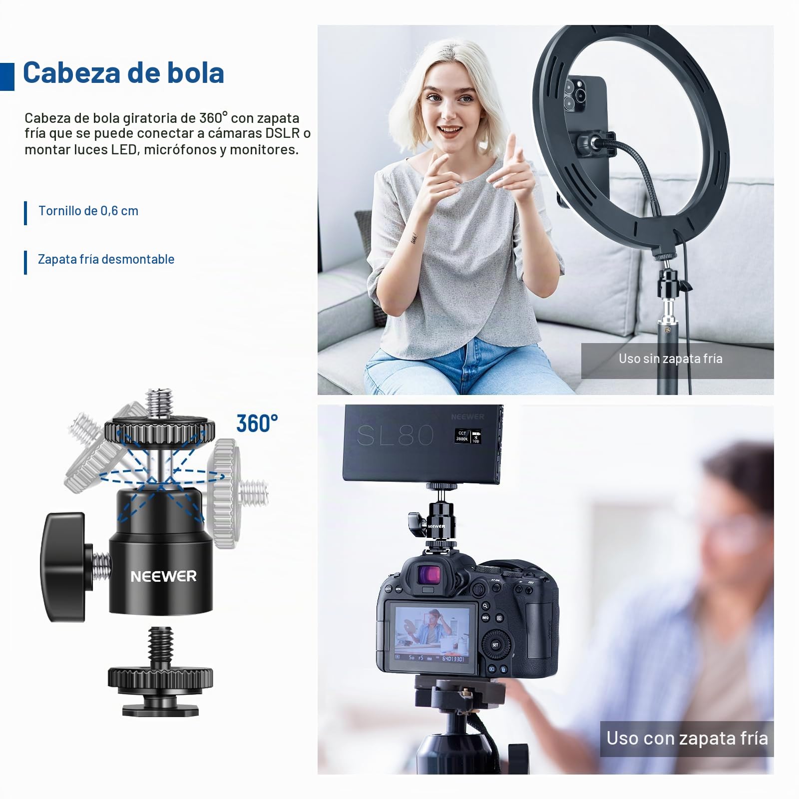 NEEWER Soporte de Mesa para cámara con Abrazadera C, Paquete de 2 Unidades de 13,8 a 23,6 Pulgadas, trípode de luz de Escritorio Ajustable, trípode de Mesa con Cabezal esférico de 1/4 Pulgadas,