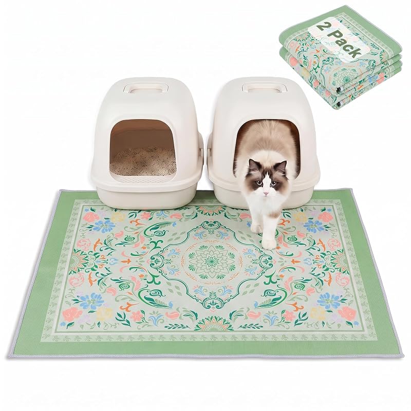 Tapete para Caixa de Areia para Gatos Bienbee, Textura Macia e Base Impermeável Antiderrapante, Bean Green Mandala, Pacote com 2, 84 x 56 cm