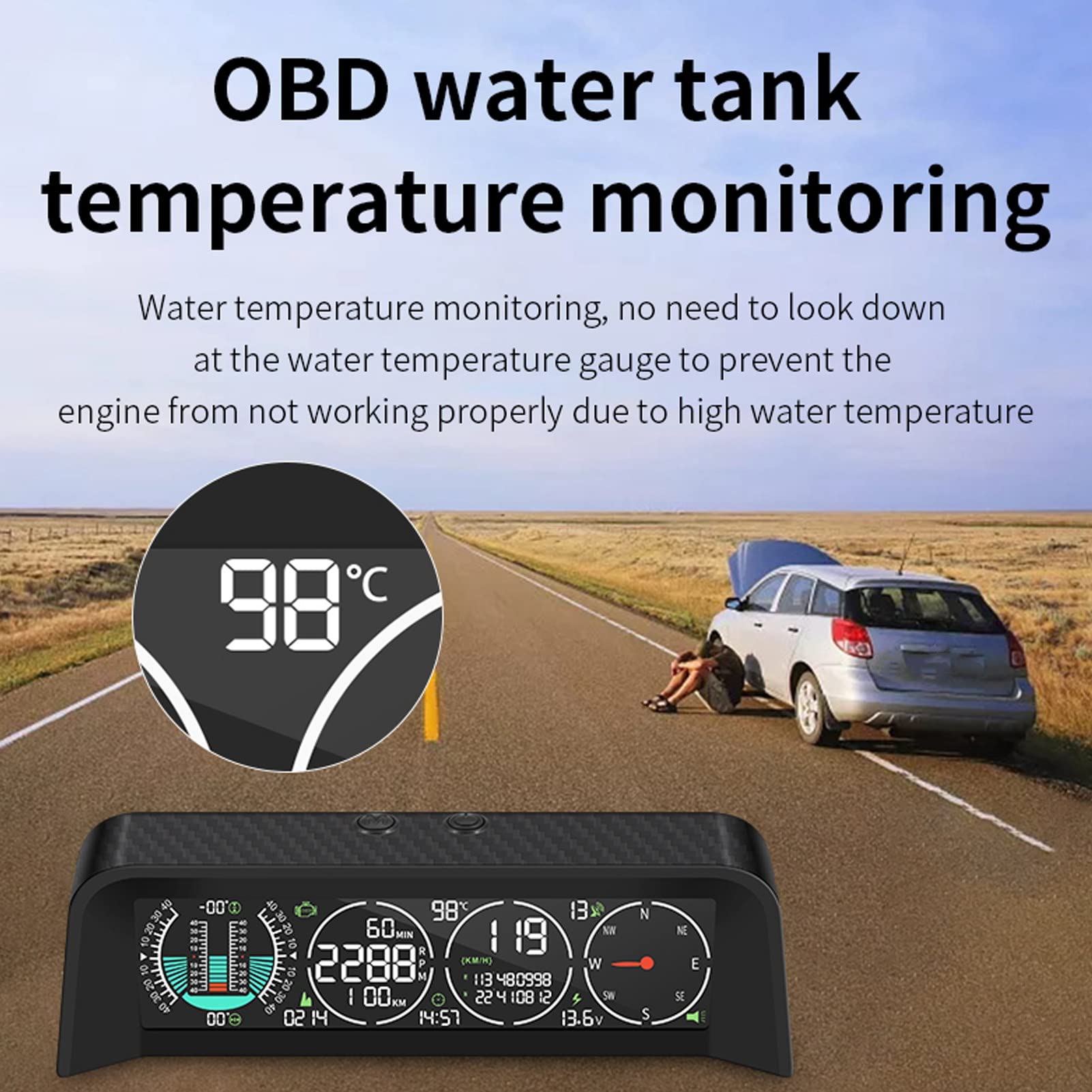 Wyświetlacz LCD do Przedniej Szyby Samochodu HUD, Inteligentny Miernik OBD, Interfejs OBD Prędkościomierza, Prędkość, Obroty Silnika, Pomiar Przebiegu, Temperatura Wody, dla Wszystkich Pojazdów