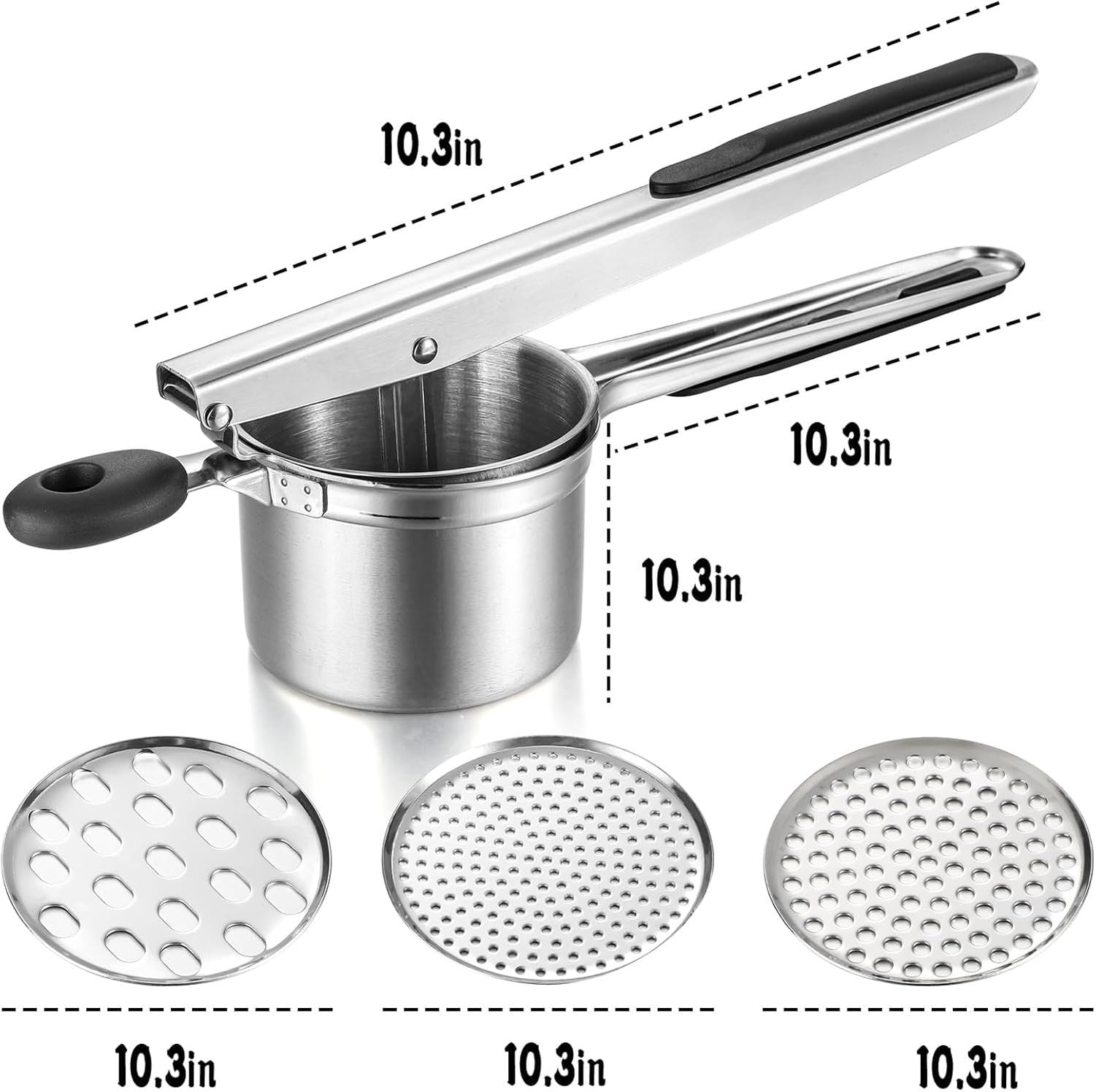 Großer Kartoffelstampfer aus rostfreiem Edelstahl mit 3 auswechselbaren Scheiben, und vielseitiges Kartoffelpüree Nudel Werkzeug, Knödelmaschine, Mutterküchenpr