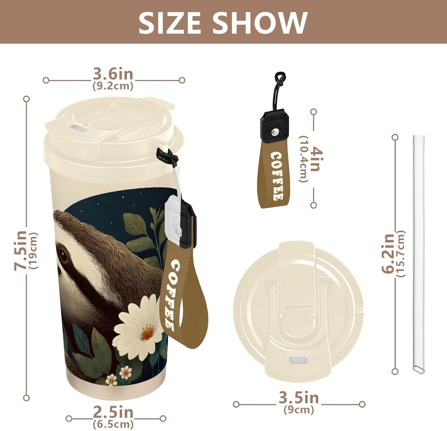 Sloth Art Floral Insulated Coffee Mug with Straw & Flip Lid, 16.9oz Iced Tumbler Cup, Double Wall Vacuum Mug for Travel Office