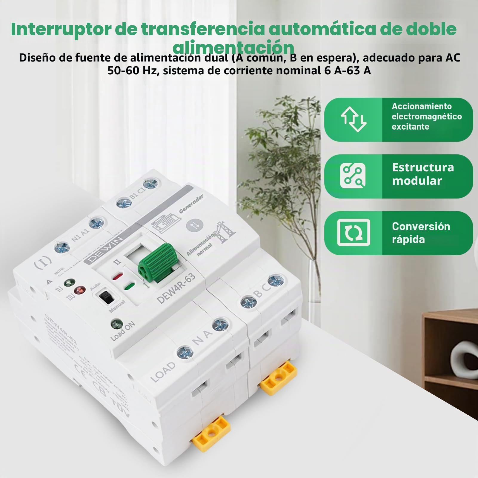 Interruptor de Transferencia Automático, ATS 4P 63A 400V Dual Power Automatic Transfer Switch Trifásico de 4 Hilos Conmutador de Transferencia Automática de Corriente de Emergencia, G2R