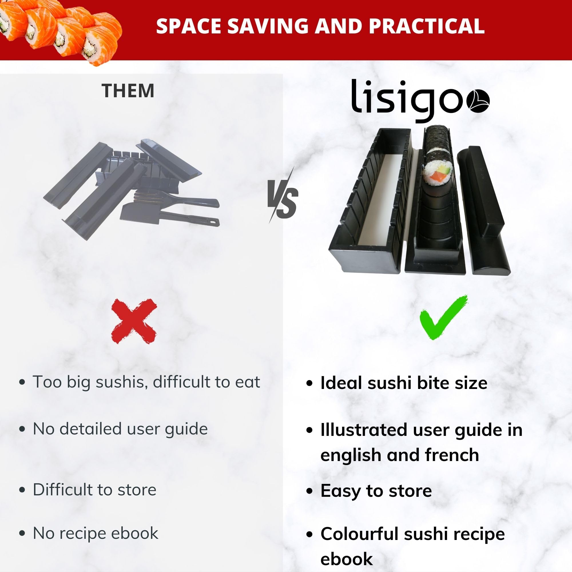 Kit sushi maki complet - Sushi maker - Appareil pour fabrication sushi - Coffret avec natte en bambou, couteau japonais, baguettes, moule à sushi, moule à maki - Idée cadeau homme femme