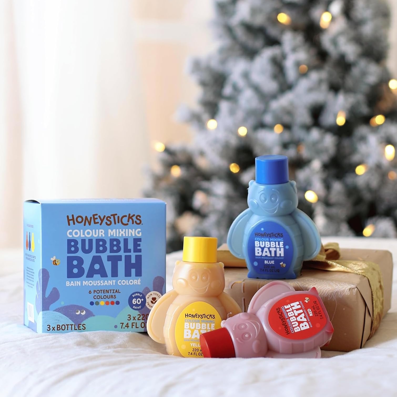 Honeysticks Burbujas de Bañera para Niños – Espuma de Baño a Base de Plantas – Bubble Bath que Cambia el Color del Agua y Crea Mucha Espuma – No Tóxica, No Irritante - 3 Uds - Azul, Amarillo, Rojo