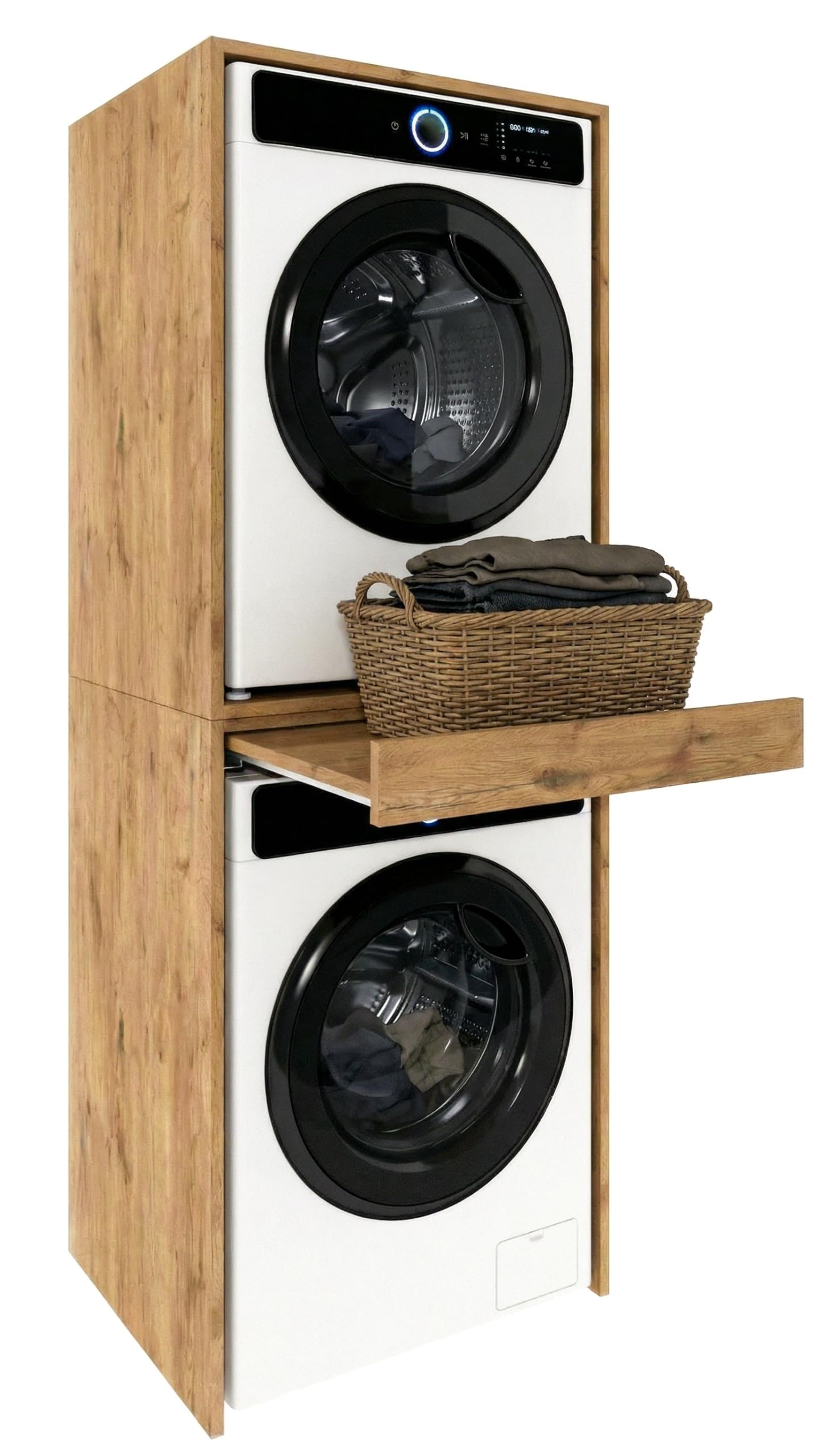 CraftPAK Waschmaschinenschrank für Waschmaschine & Trockner | Platzsparender Waschturm mit ausziehbarer Arbeitsfläche | Schrank für Badezimmer und Hauswirtschaftsraum mit Stauraum