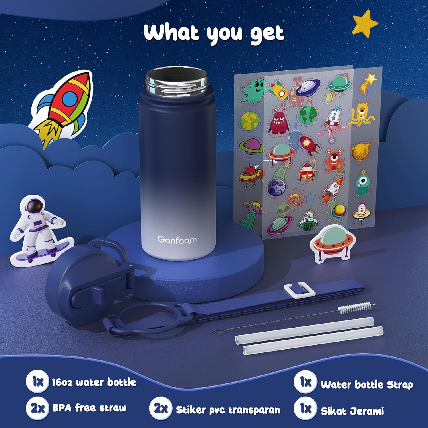 Kids Water Bottle, 16oz Kids Water Bottle with Stickers for School, insulated Stainless Steel Straw Cup(Blue/Gray) - Image 4