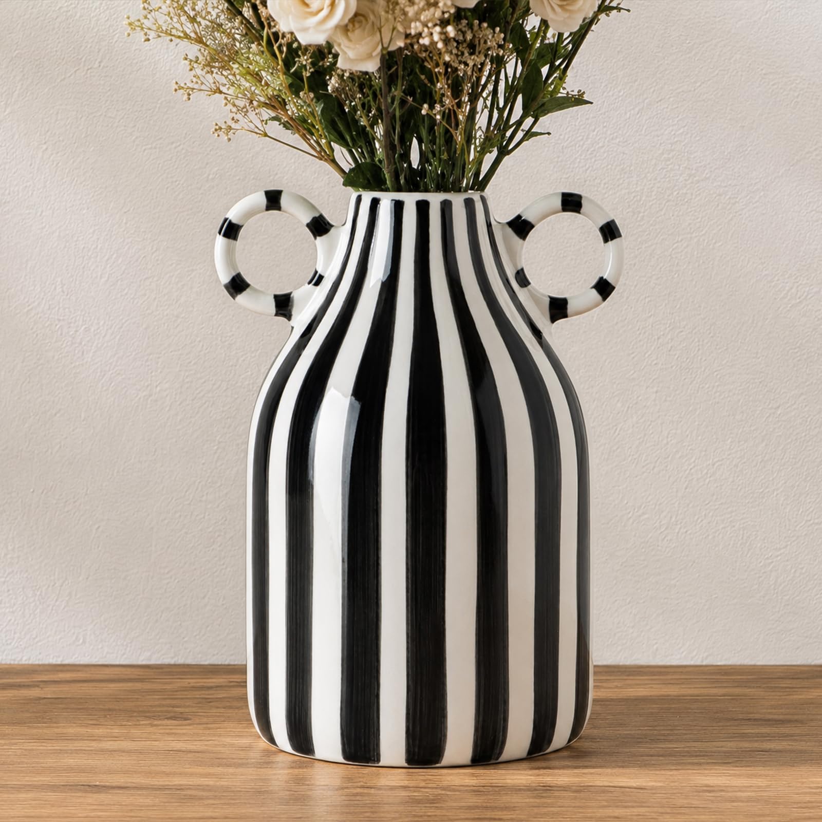 Black and White Ceramic Vase, Mid Century Modern Striped Small Vases for Flower&pampas Grass Centerpiece, Black White Checkered Vase for Dining Table Kitchen Tabletop Minimalist Decorative-image-11