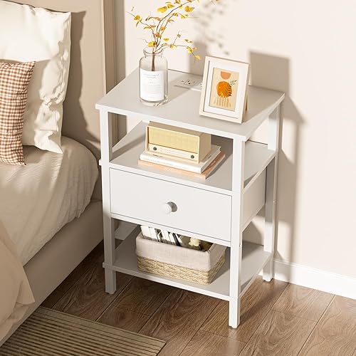Miniatura 6 de Lerliuo Juego de 2 mesitas de noche con estación de carga y puertos USB, mesa auxiliar de almacenamiento de 3 niveles con estante para cajones,