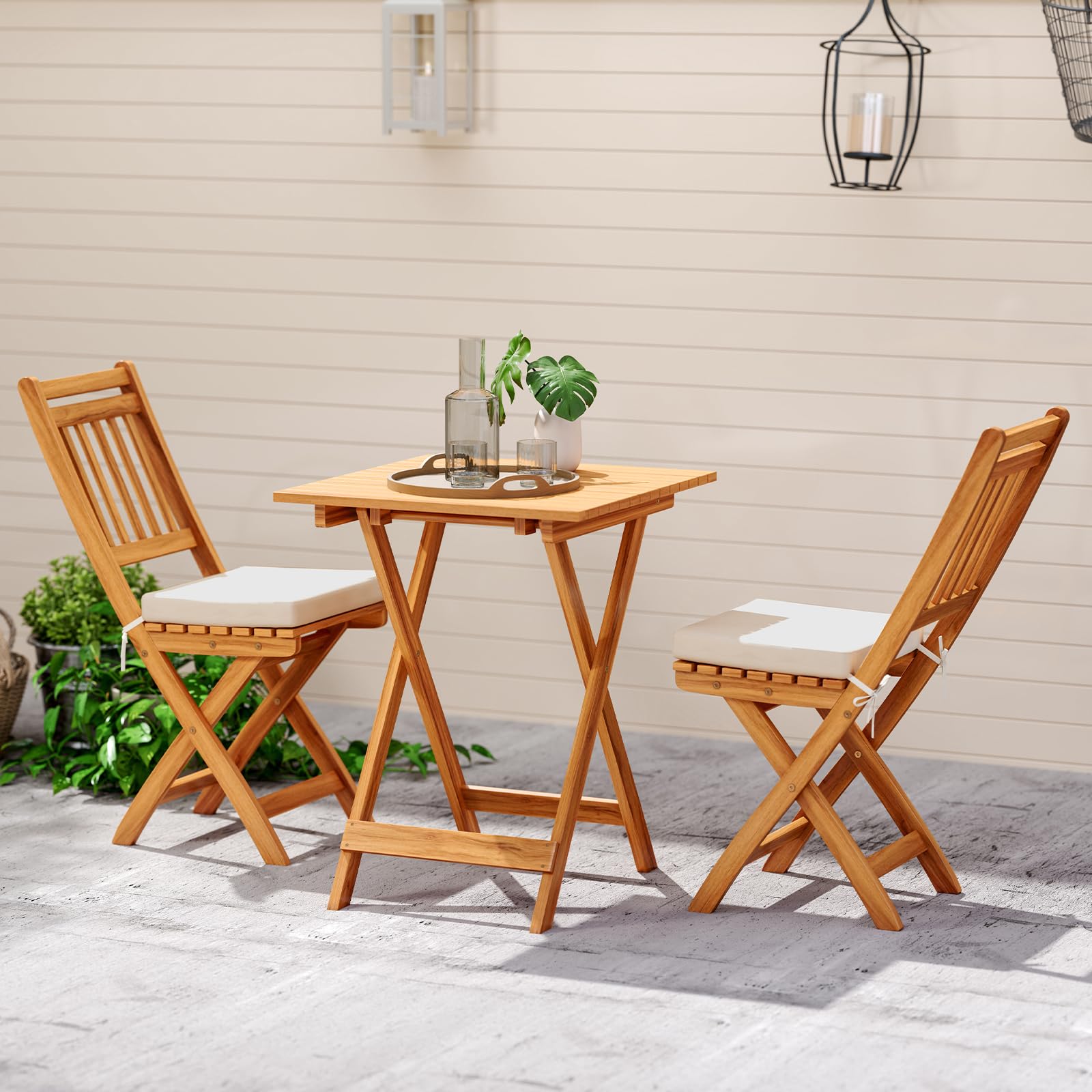 GIANTEX Juego de Bistró 3 Piezas Plegables, Mesa Cuadrada y 2 Sillas de Madera de Acacia con 2 Cojines de Asiento Desmontables, Conjunto de Muebles para Jardín, Balcón, Patio (Listones Verticales)