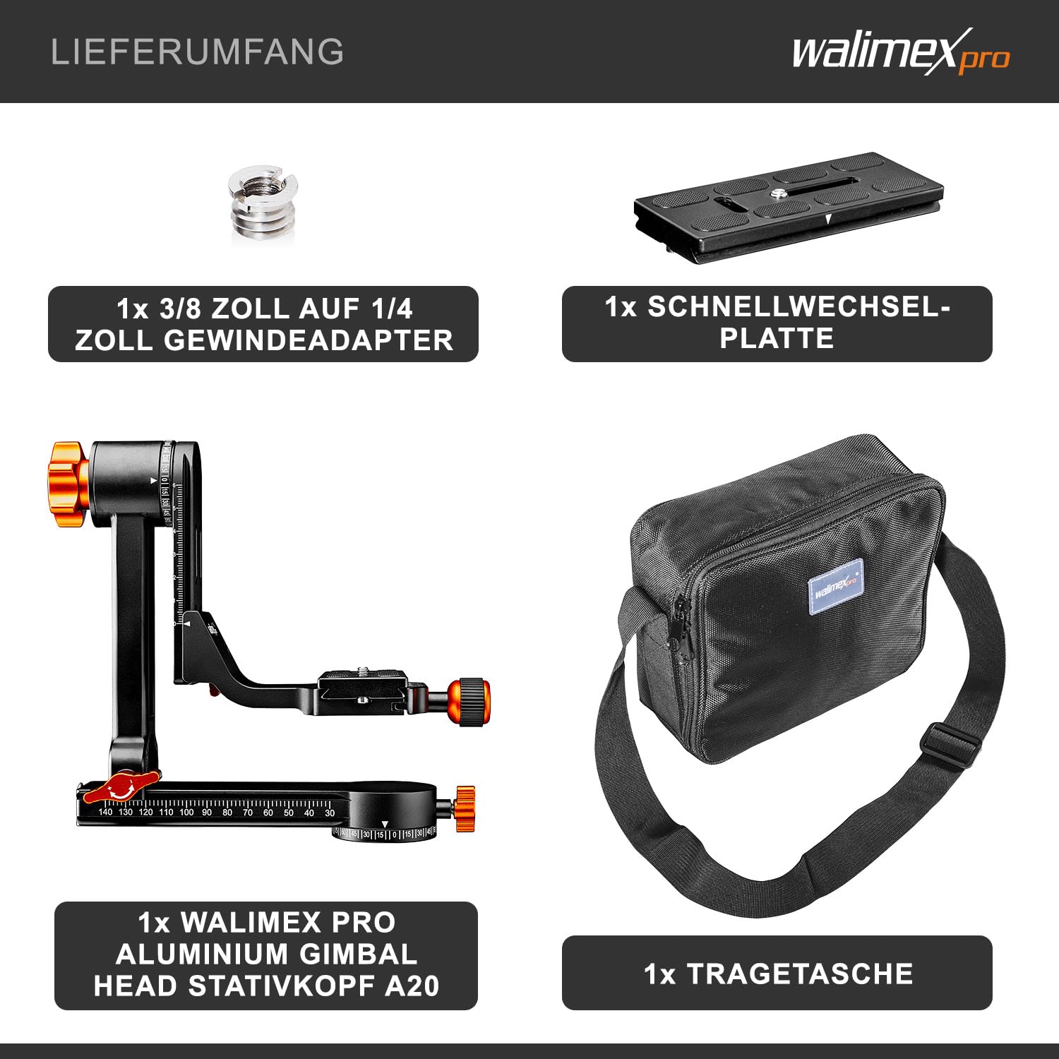 Walimex pro Testa per treppiede in alluminio Gimbal Head A20 – Testa panoramica a 360 gradi di alta qualità con piastra a sgancio rapido Arca – Portata 20 kg con custodia, per obiettivo DSLR DSLR