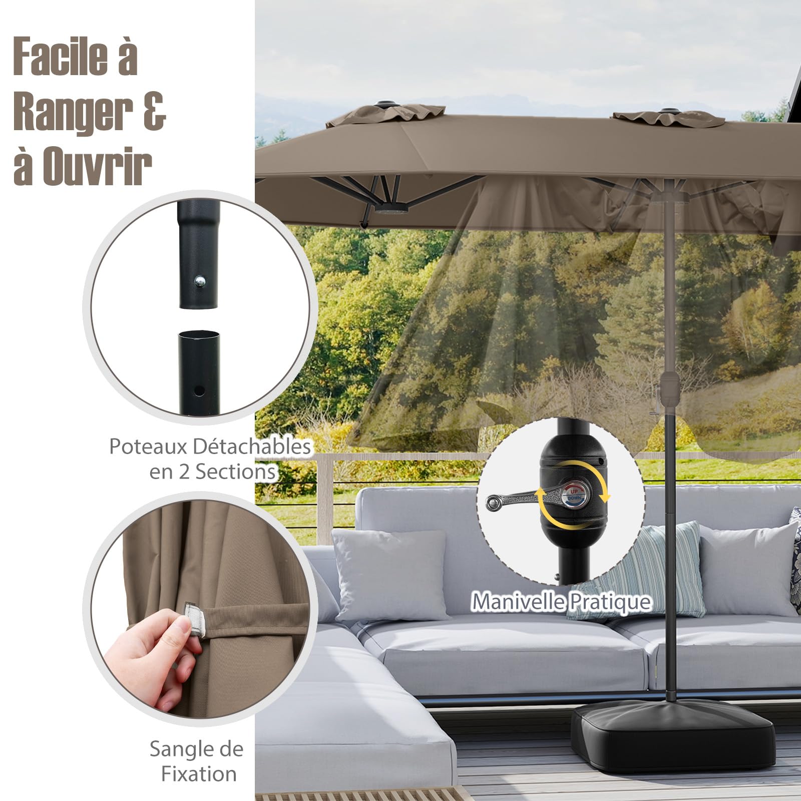 RELAX4LIFE Grand Parasol de Jardin Extérieur avec Pied | Parasol Double Terrasse à 12 Baleines | Manivelle | Polyester Résistant | Verrou de Sécurité | Protection UV pour Piscine Patio Marché (Marron)