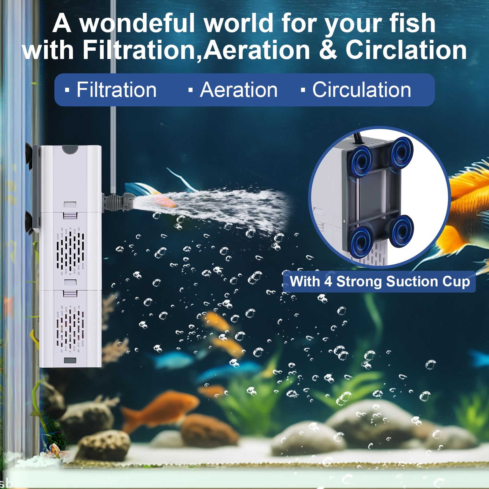 Filtre d'aquarium 4 en 1, filtre de filtration et d'oxygénation, filtre pour aquarium avec coton biochimique, perles en céramique, filtre multifonction pour aquarium (15 W)