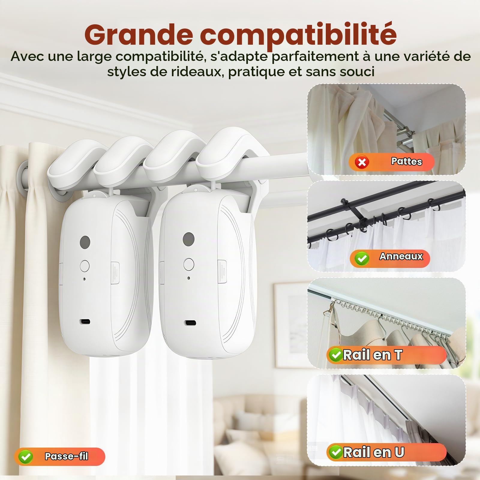 2 Pièces Ouvre-Rideau Automatique, Rideau Electrique Interieur 3 in 1 - Robot de Rideau Électrique avec Télécommande, Moteur Silencieux pour Tringle Romaine, Rail en Forme de T/U