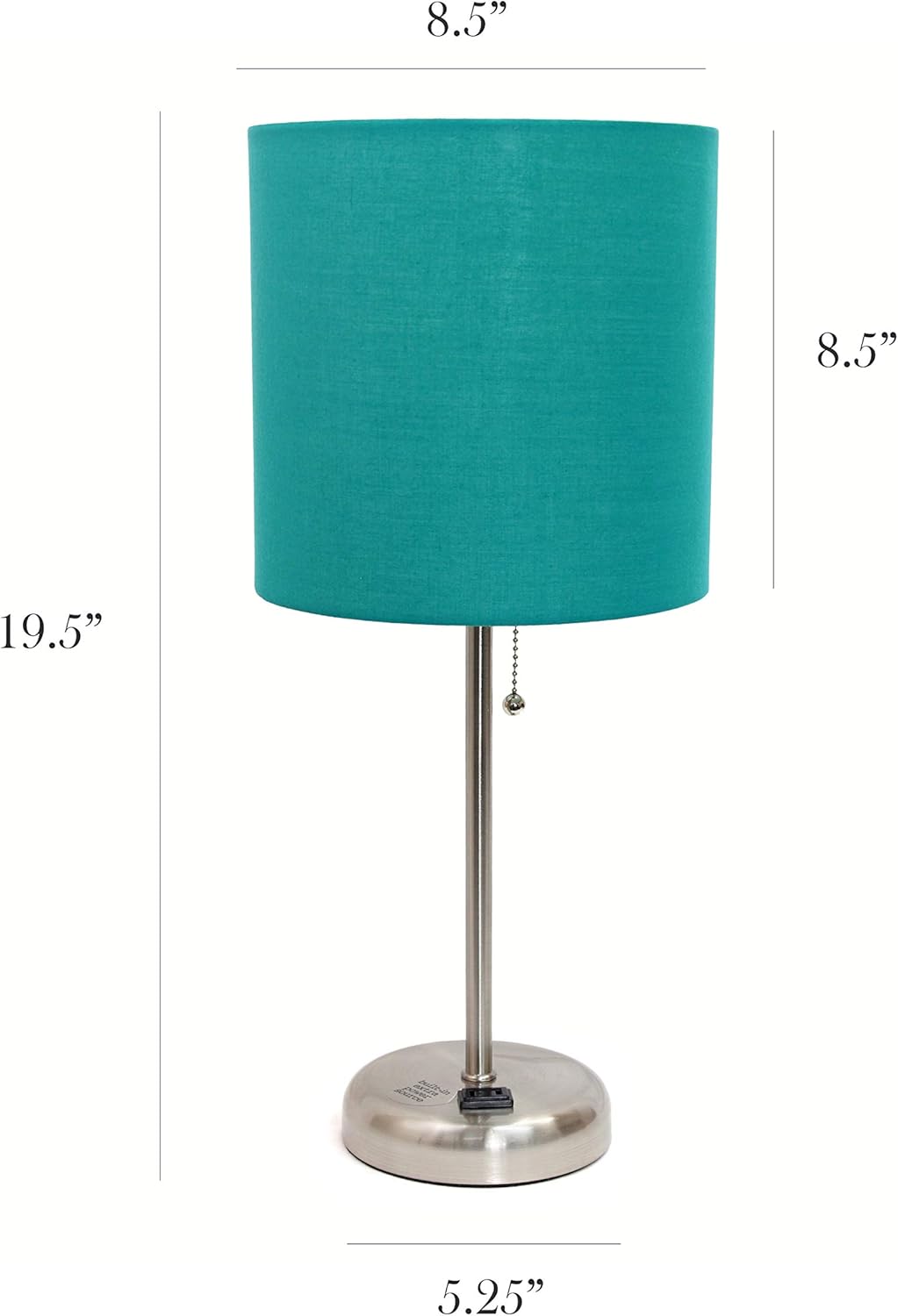 Simple Designs LC2001-TEL-2PK Brushed Steel Stick Table Lamp Set with Charging Outlet and Teal Fabric Shades, 2 Pack Set