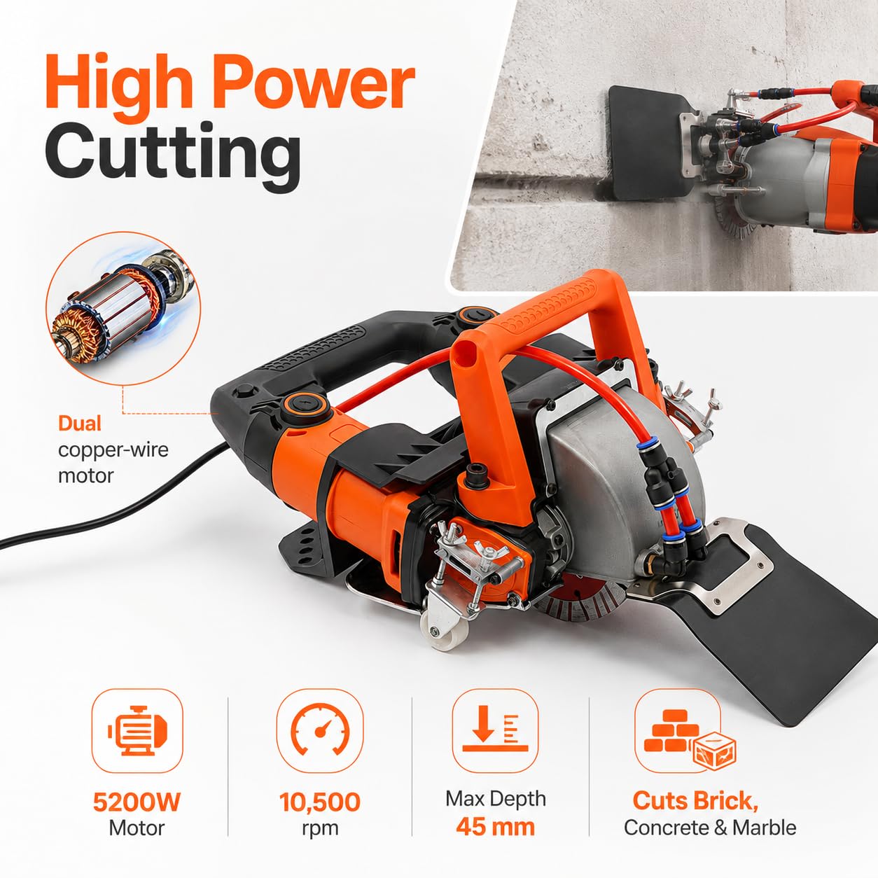 Fresadora de pared con ranura de 5200 W, fresadora eléctrica de pared con guía láser, depósito de agua y 5 hojas de sierra, máquina ranuradora para hormigón, ladrillo, granito, mármol, azulejos
