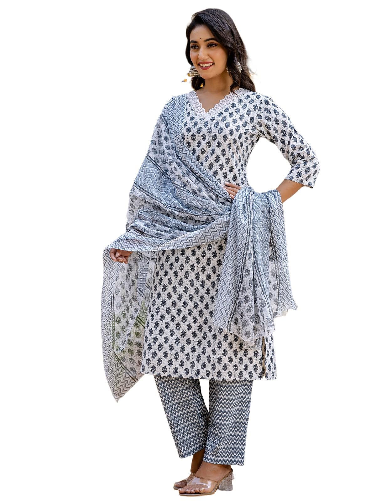 Sanisa Women's Cotton Printed & Lace Straight Kurta With Pant And Dupatta Set (268Kbd2811N-S_Grey & White)